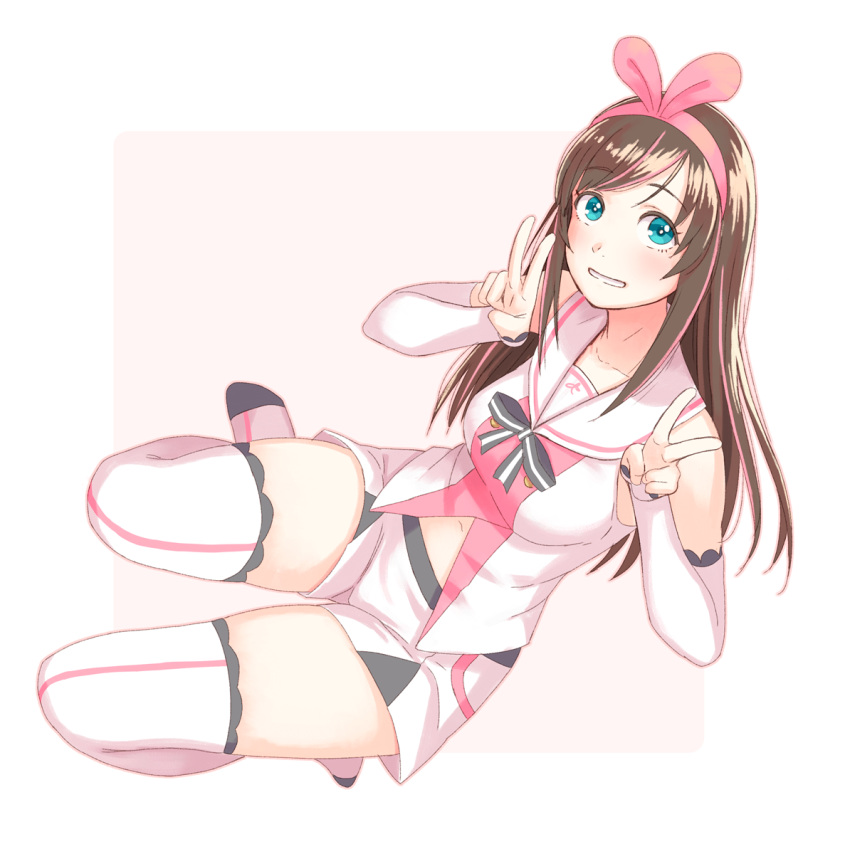 1girl :d a.i._channel bare_shoulders black_ribbon blush bow breasts brown_hair commentary_request detached_sleeves double_v eyebrows_visible_through_hair green_eyes hair_bow hairband hands_up highres kizuna_ai long_hair long_sleeves looking_at_viewer medium_breasts neck_ribbon open_mouth parted_lips pink_background pink_bow pink_shirt pink_shorts ribbon school_uniform serafuku shirt short_shorts shorts simple_background sitting sleeveless sleeveless_shirt smile solo thigh-highs v yuuji_(and)