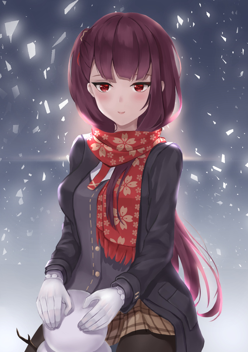 1girl absurdres alternate_costume bangs black_legwear blush breasts eyebrows_visible_through_hair girls_frontline gloves hair_ribbon highres jacket large_breasts long_hair looking_at_viewer necktie one_side_up open_clothes open_jacket open_mouth pantyhose purple_hair red_eyes ribbon scarf side_ponytail sidelocks smile snow snowing snowman solo squatting thigh-highs very_long_hair wa2000_(girls_frontline) white_gloves winter_clothes