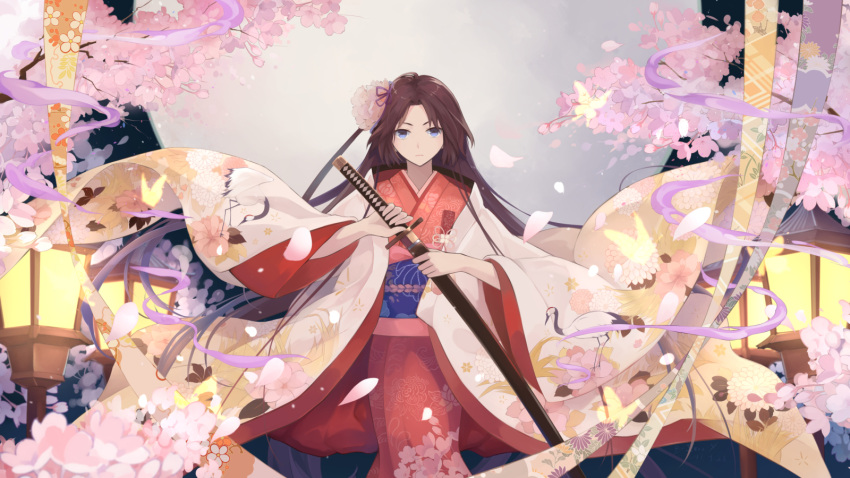 1girl blue_eyes brown_hair bzerox cherry_blossoms closed_mouth flower hair_flower hair_ornament highres holding holding_sword holding_weapon japanese_clothes kara_no_kyoukai katana kimono long_sleeves looking_at_viewer obi red_kimono ryougi_shiki sash sheath solo standing sword unsheathing weapon wide_sleeves