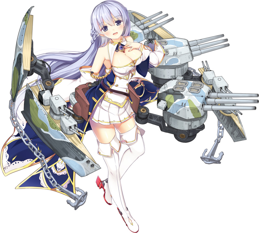 1girl :d aiguillette anchor azur_lane bangs bare_shoulders belt blush braid breasts brooch brown_belt camouflage chains cleavage detached_sleeves eyebrows eyebrows_visible_through_hair french_braid full_body hair_between_eyes high_heels highres jewelry kaede_(003591163) large_breasts lavender_eyes lavender_hair long_hair long_sleeves machinery miniskirt official_art open_mouth pleated_skirt rodney_(azur_lane) rudder_shoes simple_background skirt smile solo teeth thigh-highs tongue transparent_background turret white_legwear white_skirt zettai_ryouiki