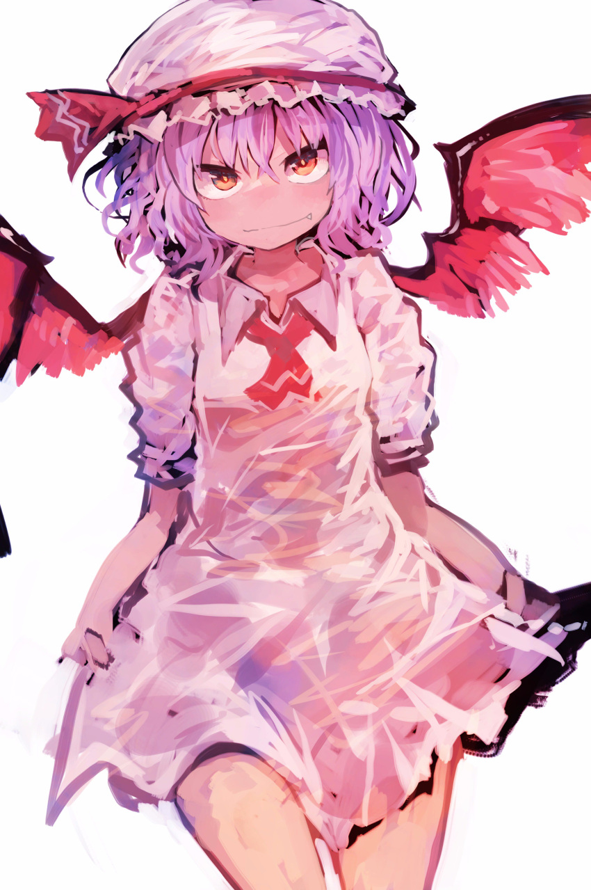 1girl absurdres ascot bat_wings closed_mouth cowboy_shot fang_out hair_between_eyes hat hat_ribbon highres kaamin_(mariarose753) lavender_hair looking_at_viewer mob_cap red_eyes red_neckwear red_ribbon remilia_scarlet ribbon short_sleeves simple_background smile solo touhou white_background wing_collar wings