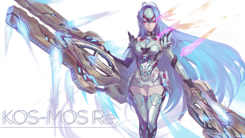 1girl absurdres android badluck bare_shoulders blue_hair breasts elbow_gloves expressionless forehead_protector gloves gun highres kos-mos kos-mos_re: leotard long_hair looking_at_viewer red_eyes solo standing thigh-highs very_long_hair weapon white_leotard xenoblade xenoblade_2 xenosaga