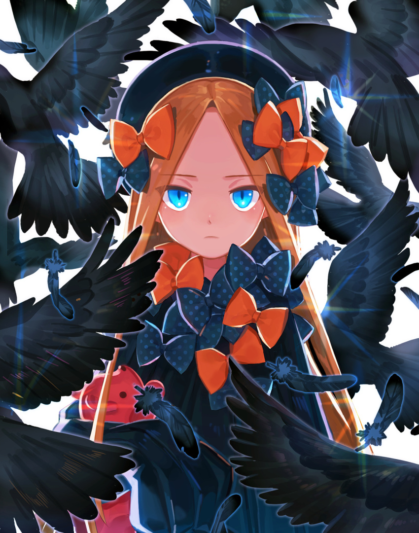 1girl abigail_williams_(fate/grand_order) animal bangs bird black_bow black_dress black_hat blonde_hair blue_eyes bow closed_mouth crow dress eyebrows_visible_through_hair fate/grand_order fate_(series) feathers hair_bow hands_in_sleeves hat highres long_hair long_sleeves looking_at_viewer object_hug orange_bow parted_bangs polka_dot polka_dot_bow solo stuffed_animal stuffed_toy sunlight teddy_bear very_long_hair yai_(hachihito)