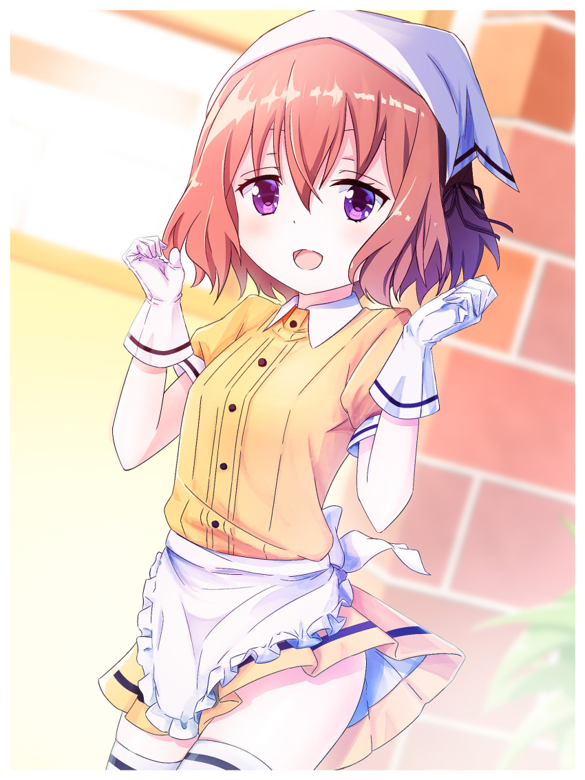 1girl :d alisia0812 blend_s brown_hair gloves hands_up highres hoshikawa_mafuyu indoors looking_at_viewer open_mouth short_hair skirt smile solo standing stile_uniform thigh-highs violet_eyes waitress white_gloves window yellow_skirt
