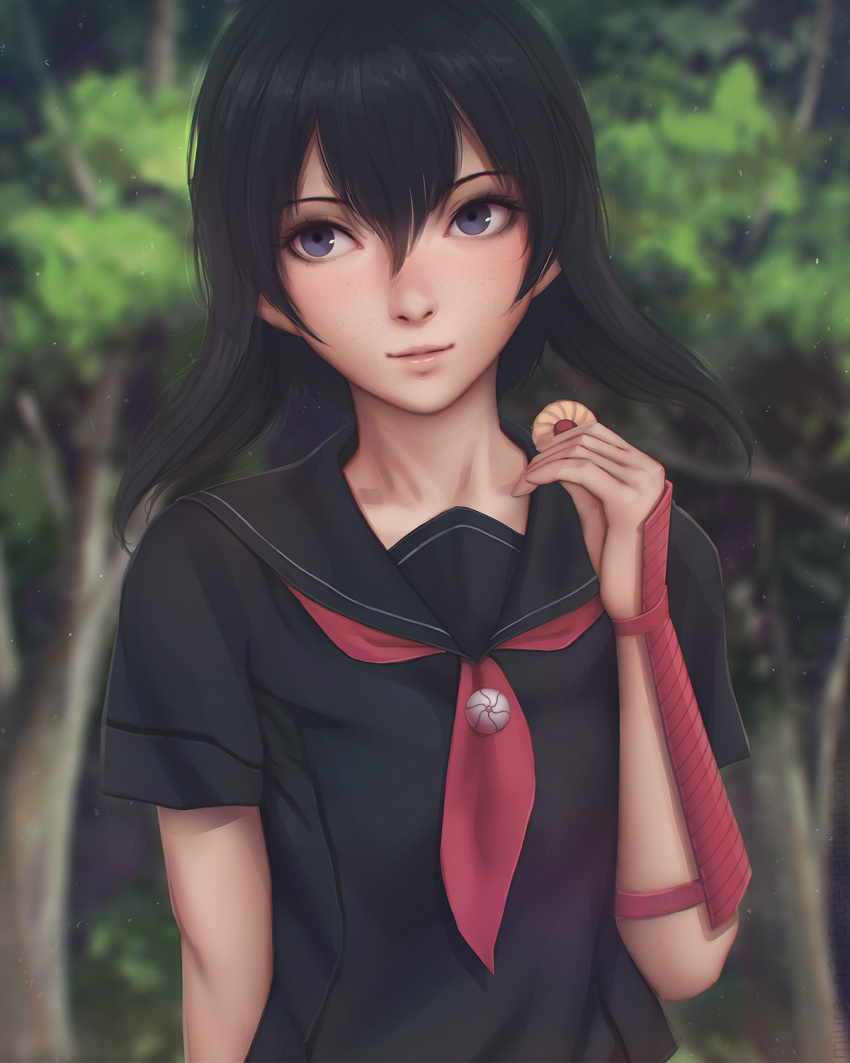 1girl akame_ga_kill! biscuit black_eyes black_hair black_serafuku blurry depth_of_field food highres kurome_(akame_ga_kill!) looking_away miura-n315 school_uniform serafuku short_hair short_sleeves solo vambraces