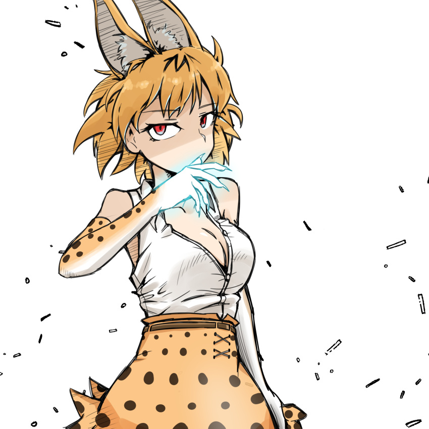 1girl animal_ears arm_at_side blonde_hair breasts claws dulldull elbow_gloves eyebrows_visible_through_hair gloves glowing glowing_hand high-waist_skirt highres kemono_friends large_breasts looking_at_viewer partially_unbuttoned red_eyes serval_(kemono_friends) serval_ears serval_print shirt simple_background skirt sleeveless sleeveless_shirt solo white_background white_shirt