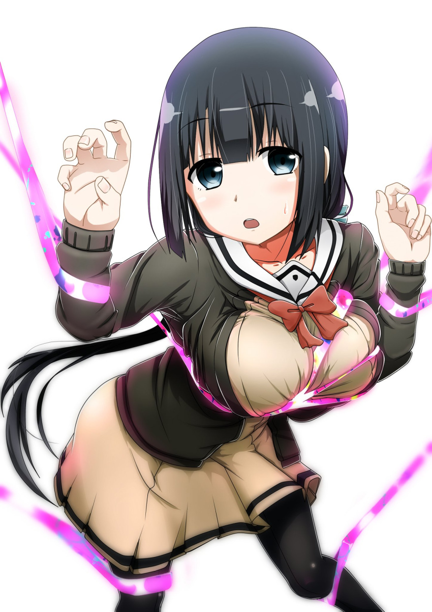 1girl beige_dress black_cardigan black_hair black_legwear blush breasts cardigan collarbone eyebrows_visible_through_hair head_tilt highres kani_sen large_breasts leaning_forward long_hair long_sleeves looking_at_viewer open_cardigan open_clothes open_mouth pantyhose ponytail restrained school_uniform serafuku solo sweatdrop tougou_mimori very_long_hair yuuki_yuuna_wa_yuusha_de_aru yuusha_de_aru