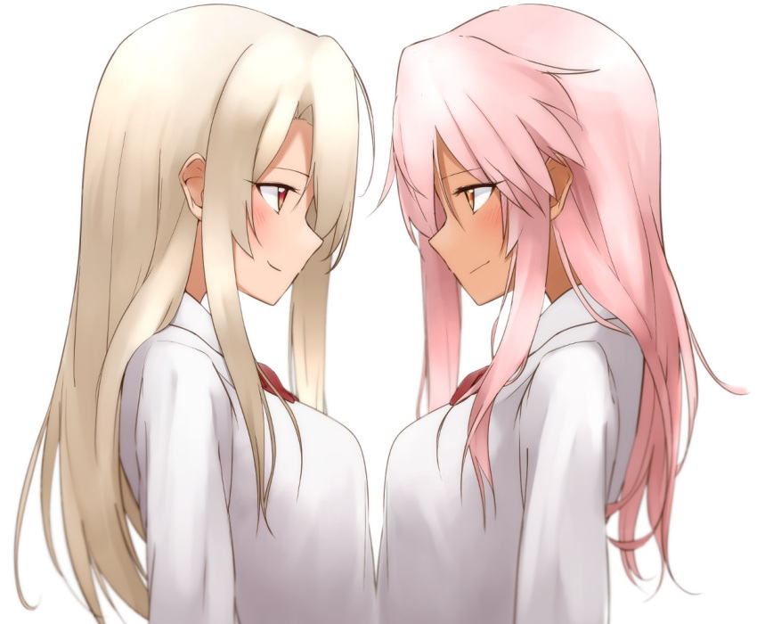 2girls blonde_hair blush bow bowtie breasts brown_eyes chloe_von_einzbern closed_mouth eye_contact fate/kaleid_liner_prisma_illya fate_(series) from_side hechi_(hechi322) illyasviel_von_einzbern long_hair long_sleeves looking_at_another medium_breasts multiple_girls pink_hair profile red_eyes red_neckwear shirt simple_background smile upper_body white_background white_shirt yuri