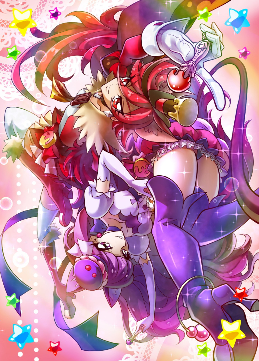 2girls animal_ears bangs boots bow brown_hat cat_ears choker closed_mouth cure_chocolat cure_macaron dog_ears dog_tail earrings elbow_gloves extra_ears food_themed_hair_ornament full_body gloves hair_ornament hat highres holding ikenie18 jewelry kenjou_akira kirakira_precure_a_la_mode knee_boots kotozume_yukari long_hair looking_at_viewer macaron_hair_ornament magical_girl multiple_girls panties pink_background precure purple_bow purple_footwear purple_hair purple_neckwear purple_skirt red_bow red_eyes red_footwear redhead ribbon_choker rotational_symmetry short_hair skirt smile star swept_bangs tail thigh-highs thigh_boots top_hat underwear upside-down violet_eyes white_gloves white_legwear