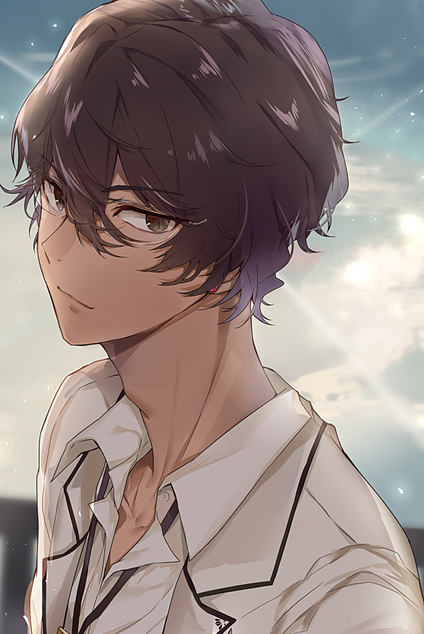 1boy arjuna_(fate/grand_order) blue_sky blurry blurry_background brown_eyes brown_hair closed_mouth collared_shirt commentary_request day depth_of_field eyebrows_visible_through_hair fate/grand_order fate_(series) glasses hair_between_eyes highres nanakagura shirt sky slit_pupils smile solo white_shirt wing_collar