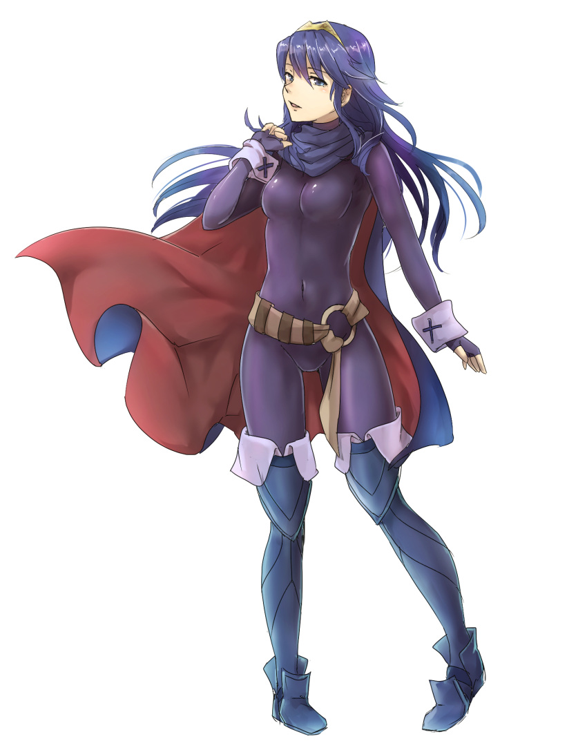 adapted_costume belt blue_eyes blue_hair bodysuit boots breasts cape covered_navel fingerless_gloves fire_emblem fire_emblem:_kakusei full_body gloves hairband highres himaneko knee_boots long_hair looking_at_viewer lucina medium_breasts open_mouth simple_background skin_tight standing white_background