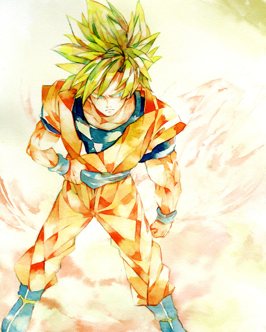 1boy ake_(ake54) blonde_hair blue_eyes boots dougi dragon_ball dragonball_z hand_on_belt highres looking_away male_focus serious short_hair simple_background son_gokuu spiky_hair super_saiyan traditional_media watercolor_(medium) white_background wristband