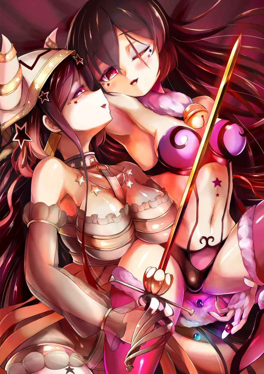 2girls :d armpits bare_shoulders bell black_hair blush breasts detached_sleeves eyeshadow facial_tattoo fur_trim highres holding holding_sword holding_weapon horns jingle_bell kyukyutto_(denryoku_hatsuden) large_breasts lipstick long_hair long_sleeves lying mahou_shoujo_ikusei_keikaku mahou_shoujo_ikusei_keikaku_jokers makeup medium_breasts multiple_girls on_back on_side one_eye_closed open_mouth parted_lips pink_eyes pink_legwear pity_frederica profile red_lipstick sideways_mouth smile stanczyka star_tattoo sword tattoo thigh-highs very_long_hair weapon