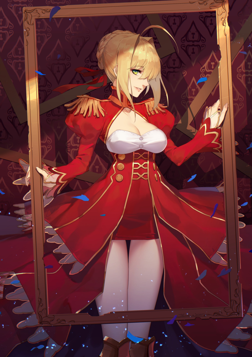 1girl absurdres ahoge armor armored_boots bangs blonde_hair boots braid breasts cleavage cleavage_cutout daye_bie_qia_lian dress epaulettes eyebrows_visible_through_hair fate/extra fate_(series) frame green_eyes hair_over_one_eye highres juliet_sleeves large_breasts long_sleeves looking_at_viewer nero_claudius_(fate) nero_claudius_(fate)_(all) parted_lips petals pink_lips puffy_long_sleeves puffy_sleeves red_dress saber_extra short_dress