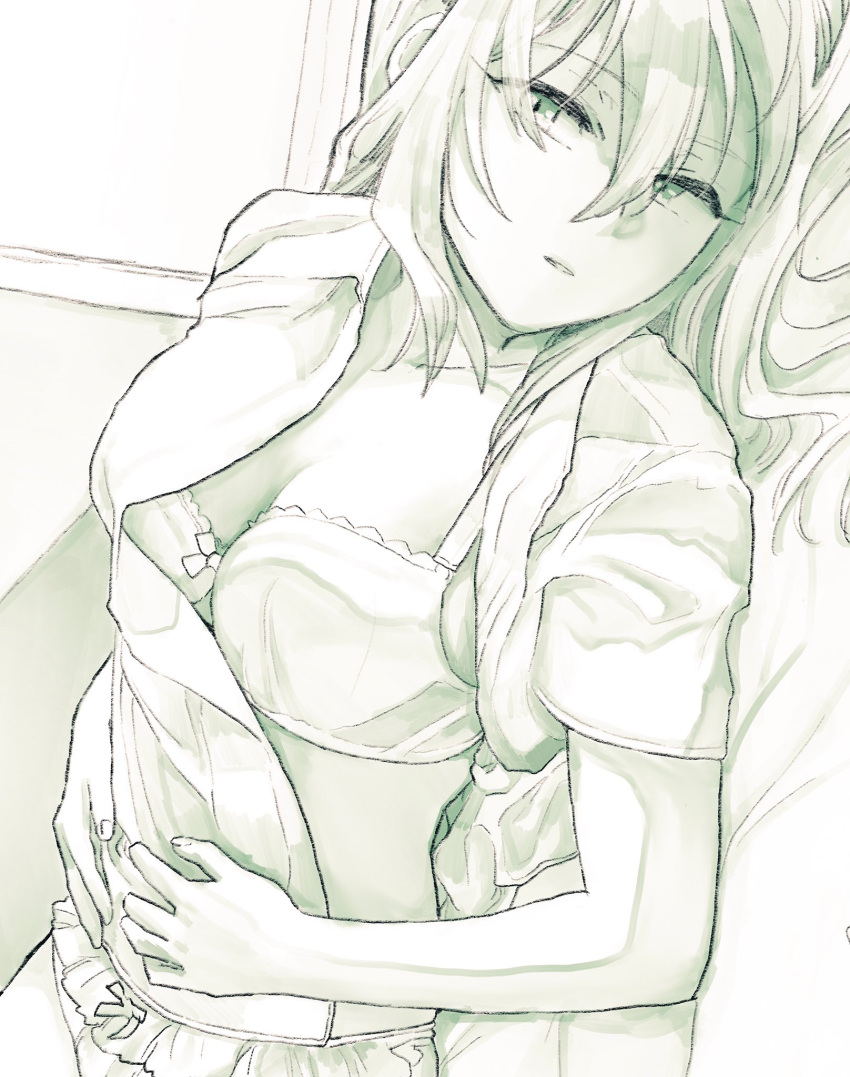 1girl bra breasts commentary_request dutch_angle eyebrows_visible_through_hair green green_eyes hair_between_eyes hair_spread_out highres kantai_collection large_breasts looking_at_viewer lying monochrome on_back on_bed panties parted_lips shirt solo tone_(kantai_collection) underwear upper_body yami_(m31)