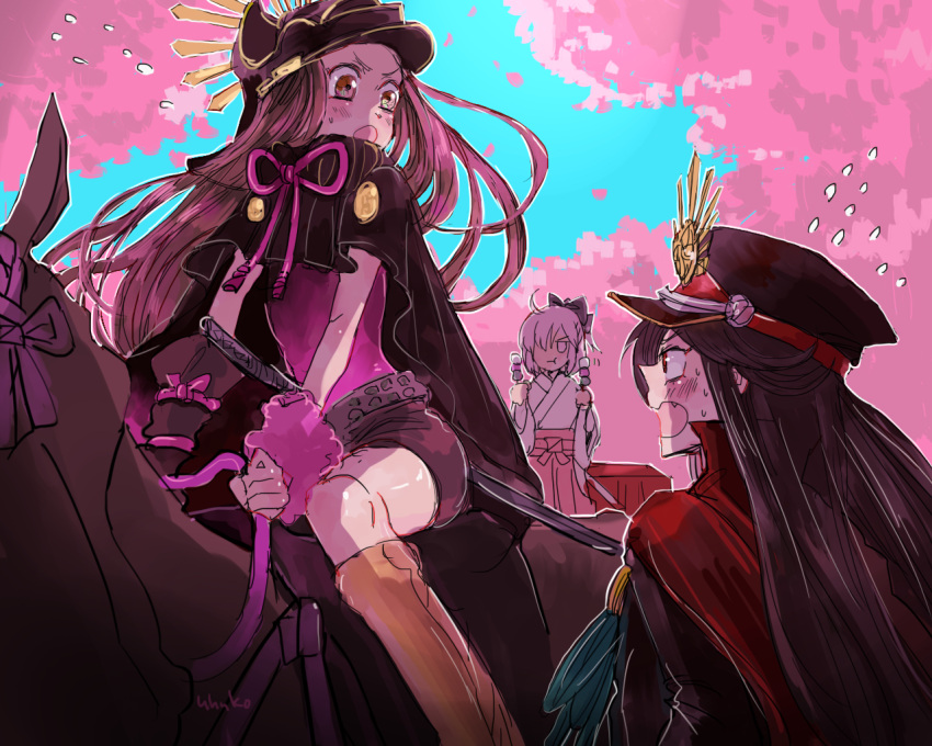 3girls :t ahoge aunt_and_niece black_cape black_hair black_hat blush bow brown_eyes brown_hair cape chacha_(fate/grand_order) cherry_blossoms dango demon_archer eating fate/grand_order fate_(series) flying_sweatdrops food hair_bow hair_over_one_eye hat horseback_riding koha-ace long_hair looking_at_another multiple_girls oda_uri okita_souji_(fate) open_mouth pink_bow pink_hair red_cape red_eyes riding sakura_saber sanshoku_dango uhana wagashi wide_sleeves