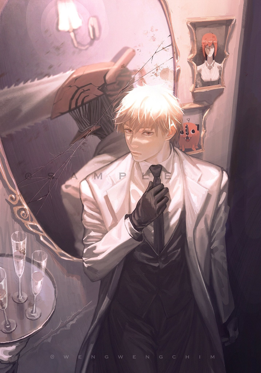 1boy adjusting_clothes adjusting_necktie artist_name blonde_hair breasts chainsaw chainsaw_man coat crack denji_(chainsaw_man) dry_blood faceless fangs formal glass gloves highres lamp light long_sleeves looking_at_viewer looking_to_the_side makima_(chainsaw_man) medium_breasts mirror necktie open_mouth picture_(object) picture_frame pochita_(chainsaw_man) redhead sample_watermark sharp_teeth solo standing suit teeth tray wengwengchim white_coat