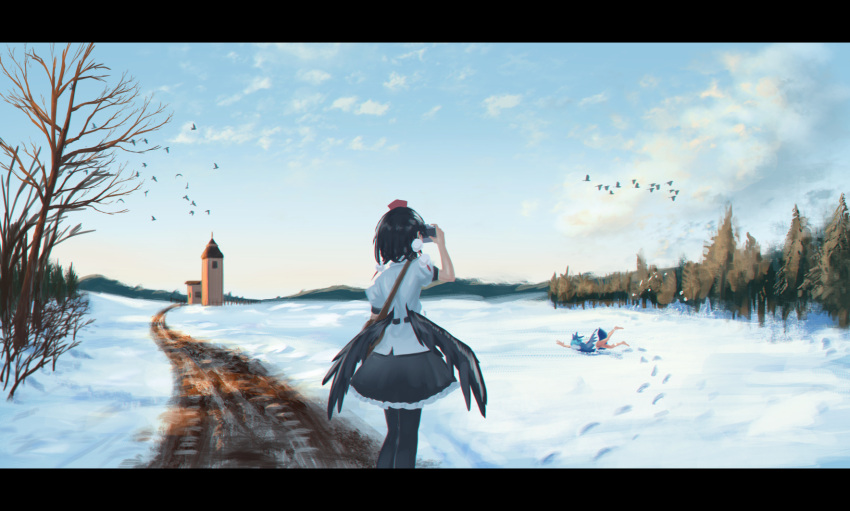 2girls barefoot bird black_hair black_legwear black_skirt black_wings blue_bow blue_dress blue_hair bow building camera cirno commentary_request dress footprints forest from_side hair_bow hat highres holding holding_camera landscape letterboxed lying multiple_girls nature pantyhose pom_pom_(clothes) puffy_short_sleeves puffy_sleeves roke_(taikodon) shameimaru_aya shirt short_hair short_sleeves skirt sky snow tokin_hat touhou white_shirt wings