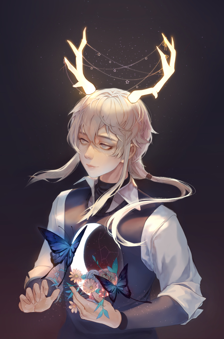 1boy antlers bangs black_background blue_butterfly butterfly closed_mouth commentary commission constellation crescent_moon fuwaffy gradient gradient_background grey_hair hair_between_eyes highres lips long_hair long_sleeves male_focus moon nose original solo ven_(hamsphrey)