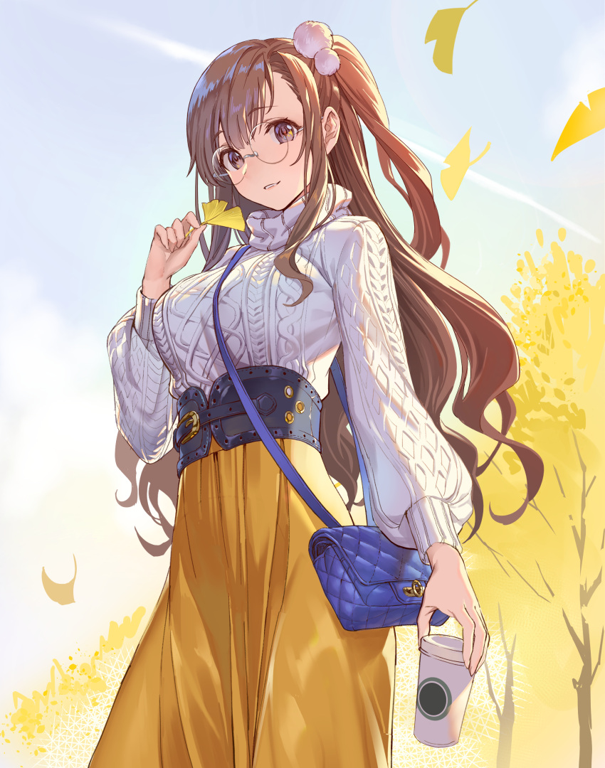 1girl absurdres arm_at_side autumn autumn_leaves bag blue_sky breasts brown_eyes brown_hair commentary condensation_trail cup day falling_leaves from_below ginkgo ginkgo_leaf glasses hair_bobbles hair_ornament handbag highres holding holding_cup holding_leaf large_breasts leaf long_hair long_skirt long_sleeves looking_at_viewer looking_down one_side_up original outdoors parted_lips ribbed_sweater rimless_eyewear shoulder_bag skirt sky smile solo standing sweater tareme teffish tree turtleneck turtleneck_sweater underbust white_sweater yellow_skirt