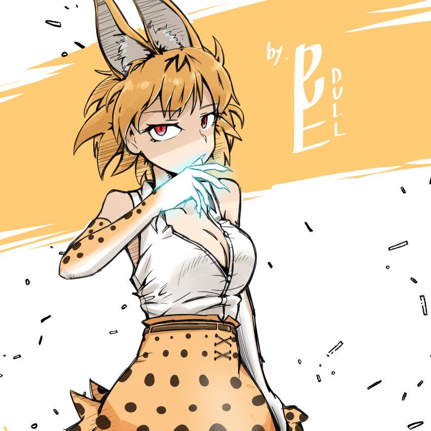 1girl animal_ears arm_at_side artist_name blonde_hair breasts claws dulldull elbow_gloves eyebrows_visible_through_hair gloves glowing glowing_hand high-waist_skirt highres kemono_friends large_breasts looking_at_viewer partially_unbuttoned red_eyes serval_(kemono_friends) serval_ears serval_print shirt skirt sleeveless sleeveless_shirt solo white_shirt
