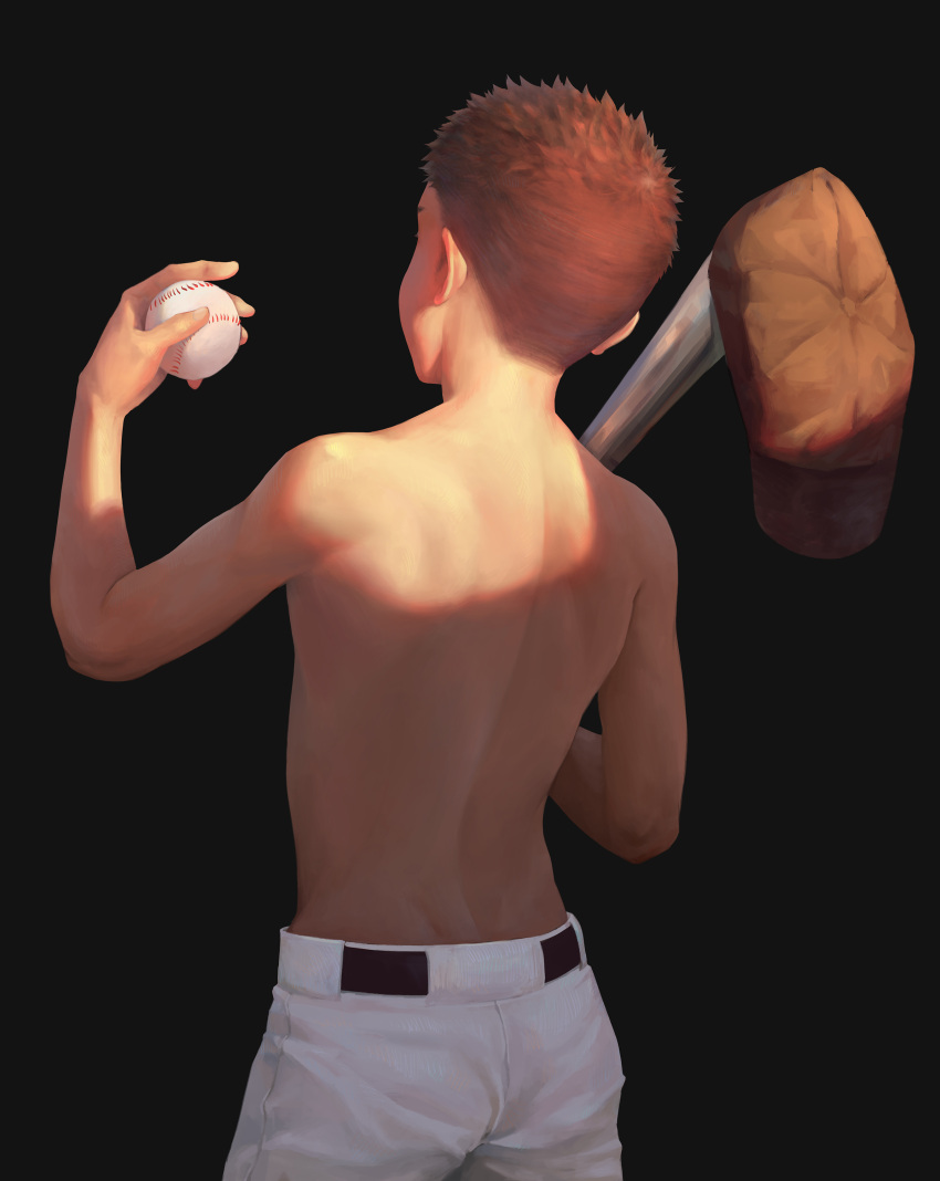 1boy absurdres back ball baseball baseball_bat black_background brown_hat cowboy_shot facing_away flat_cap from_behind hand_up hat hat_removed headwear_removed highres holding holding_ball male_focus original redhead shirtless simple_background solo spiky_hair standing sunlight