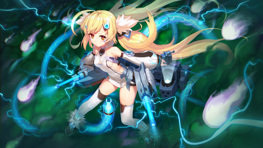 1girl ahoge ankle_boots azur_lane bangs bare_shoulders black_footwear blush boots breasts cannon character_name closed_mouth clothes_writing collarbone covered_navel detached_sleeves dual_wielding eldridge_(azur_lane) electricity eyebrows_visible_through_hair facial_mark fire fireball full_body fur-trimmed_boots fur_collar fur_trim glowing hair_ornament hairclip highres holding holding_weapon leaning_forward legs_apart light_particles long_hair long_sleeves looking_at_viewer machinery puffy_long_sleeves puffy_sleeves purple_fire shiny shiny_hair shiny_skin side_cutout small_breasts smoke solo soratobuiltusa standing swept_bangs tareme tentacle thigh-highs thighs twintails very_long_hair weapon white_legwear