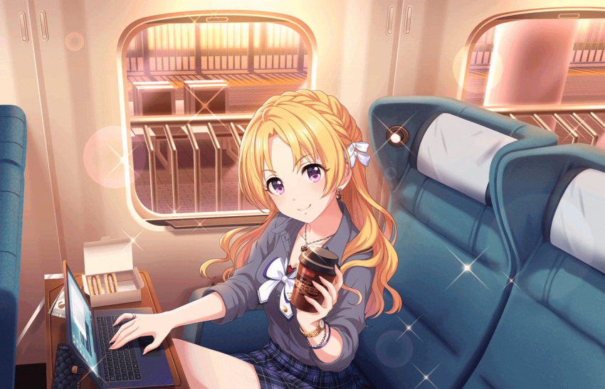 1girl blonde_hair bow bracelet braid coffee computer earrings food french_braid hair_bow idolmaster idolmaster_cinderella_girls idolmaster_cinderella_girls_starlight_stage jewelry kiryuu_tsukasa_(idolmaster) laptop long_hair necklace official_art plaid plaid_skirt ring school_uniform skirt violet_eyes watch watch wavy_hair