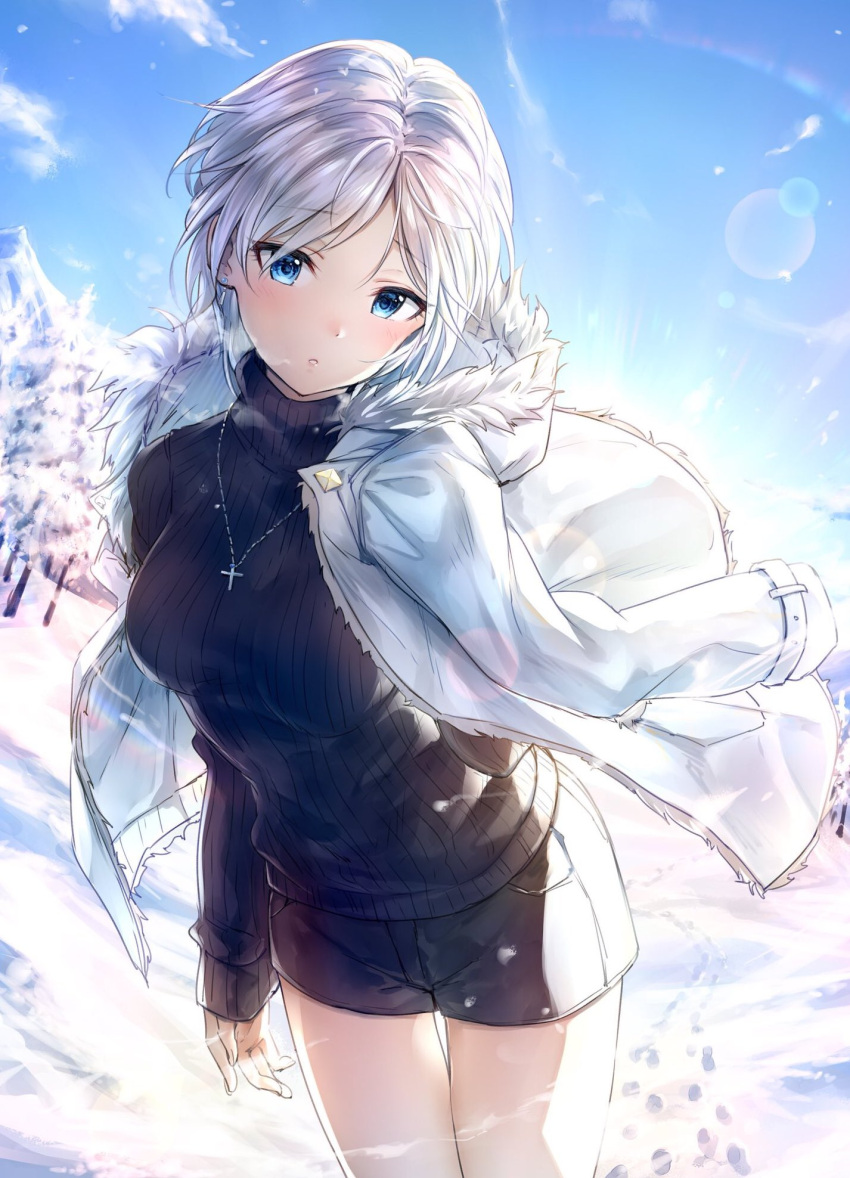 1girl :o anastasia_(idolmaster) bangs black_shorts black_sweater blush breasts breat coat cross cross_necklace day earrings eyebrows_visible_through_hair footprints fur-trimmed_coat fur_trim head_tilt highres hood hood_down hooded_coat idolmaster idolmaster_cinderella_girls jacket_on_shoulders jewelry lens_flare long_sleeves looking_at_viewer medium_breasts necklace outdoors parted_bangs parted_lips pendant short_hair shorts silver_hair sleeves_past_wrists solo sweater takeashiro thigh_gap tree tsurime winter winter_clothes winter_coat