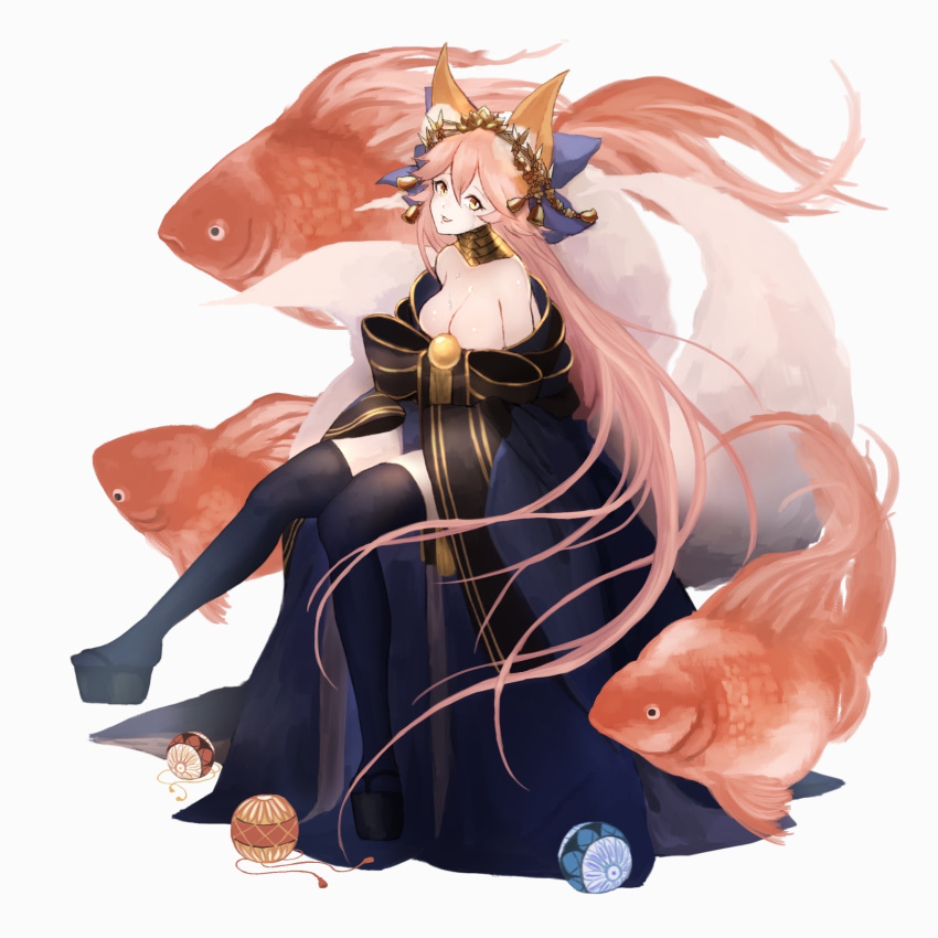 1girl animal_ears anmitsuya blue_legwear breasts cleavage fate/grand_order fate_(series) fish fox_ears fox_tail hair_ribbon highres japanese_clothes large_breasts long_hair looking_at_viewer looking_to_the_side multiple_tails off_shoulder open_mouth pink_hair ribbon simple_background solo tail tamamo_(fate)_(all) tamamo_no_mae_(fate) tears very_long_hair white_background yellow_eyes