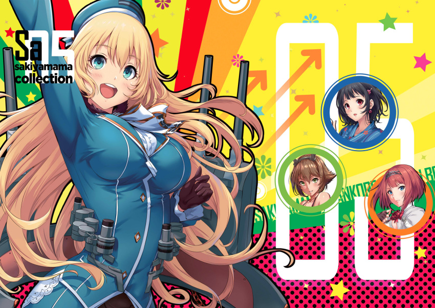 4girls alternate_costume ark_royal_(kantai_collection) arm_above_head atago_(kantai_collection) beret black_gloves black_hair blonde_hair blue_eyes blue_hat blush bob_cut breasts cannon closed_mouth collarbone eyebrows_visible_through_hair gloves green_eyes hair_ornament hairclip hat headgear highres japanese_clothes kantai_collection kimono large_breasts long_hair looking_at_viewer machinery military military_uniform multiple_girls mutsu_(kantai_collection) neckerchief open_mouth pantyhose red_eyes redhead rigging sakiyamama short_hair sidelocks skirt smile standing swimsuit turret uniform very_long_hair