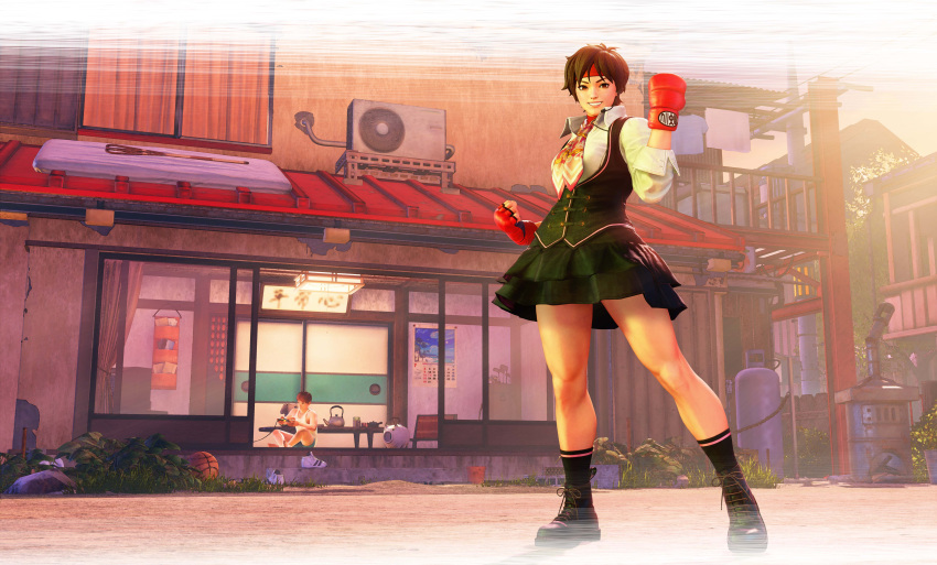 1boy 1girl absurdres boots brown_hair capcom fingerless_gloves gloves headband headset highres house kasugano_sakura looking_at_viewer necktie official_art red_gloves smile solo_focus street_fighter street_fighter_v