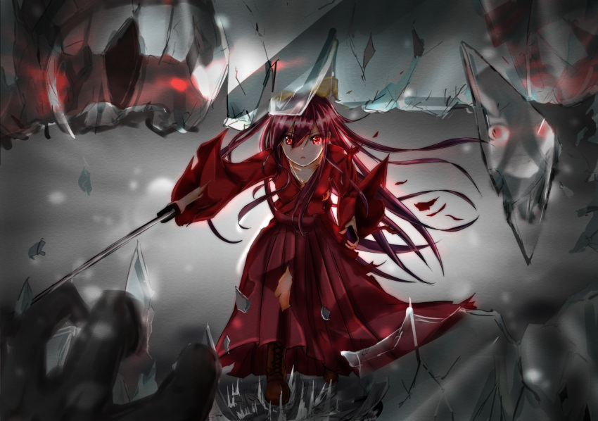 battleship_water_oni black_dress black_hair blush bow breasts broken_glass crossed_bangs dress forestrain glass glowing glowing_eyes hair_bow hair_ribbon hakama holding holding_sword holding_weapon horn japanese_clothes kamikaze_(kantai_collection) kantai_collection katana kimono leaning_forward long_hair looking_at_viewer meiji_schoolgirl_uniform mid-stride multiple_girls open_mouth pink_hakama purple_hair red_eyes ribbon shattered sheath shinkaisei-kan skirt slashing solo stepping sword violet_eyes water weapon wind yellow_bow