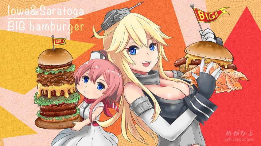 blonde_hair blue_eyes breast_pocket brown_hair commentary_request dress elbow_gloves food front-tie_top gloves hair_between_eyes hamburger headgear hiyoko_(nikuyakidaijinn) holding holding_food iowa_(kantai_collection) kantai_collection neckerchief pocket ponytail red_neckwear saratoga_(kantai_collection) side_ponytail star star-shaped_pupils symbol-shaped_pupils white_dress younger