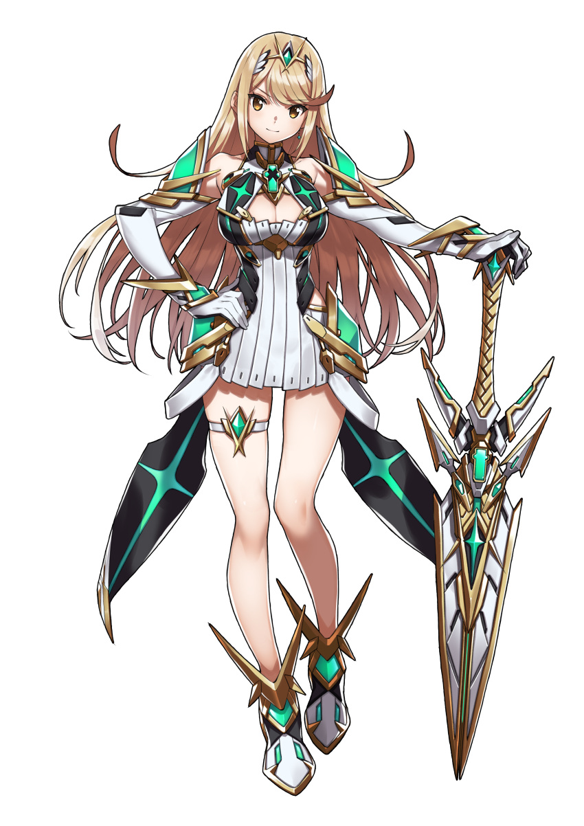 1girl absurdres armor blonde_hair breasts cleavage closed_mouth dress eyelashes full_body gloves hairband highres mythra_(xenoblade) long_hair looking_at_viewer medium_breasts official_art saitou_masatsugu simple_background smile solo sword tsurime weapon xenoblade xenoblade_2 yellow_eyes
