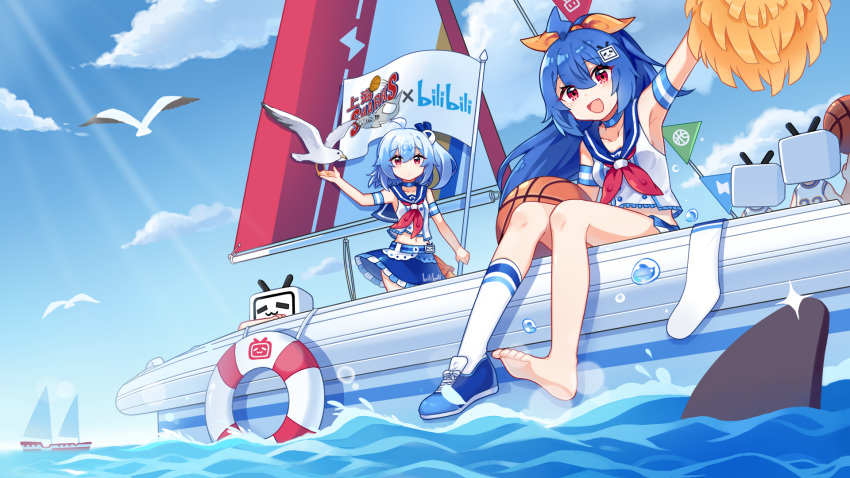 2girls ball basketball bili_girl_22 bili_girl_33 bilibili_douga bird blue_hair blue_skirt blush boat closed_mouth clouds cloudy_sky collarbone day eyebrows_visible_through_hair flag highres holding holding_ball kneehighs long_hair looking_at_viewer multiple_girls navel official_art open_mouth outdoors ponytail red_eyes seagull sharlorc short_hair short_ponytail side_ponytail sitting skirt sky smile wallpaper watercraft white_legwear