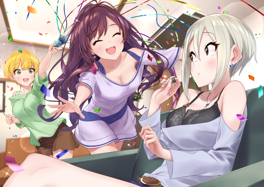 3girls absurdres ahoge baffu bangs black_eyes blonde_hair blush breasts brown_hair cleavage closed_eyes confetti earrings eyelashes green_eyes hair_between_eyes highres ichinose_shiki idolmaster idolmaster_cinderella_girls indoors jewelry long_hair medium_breasts miyamoto_frederica multiple_girls necklace open_mouth outstretched_arms party_popper shiomi_shuuko short_hair silver_hair sitting smile streamers wavy_hair