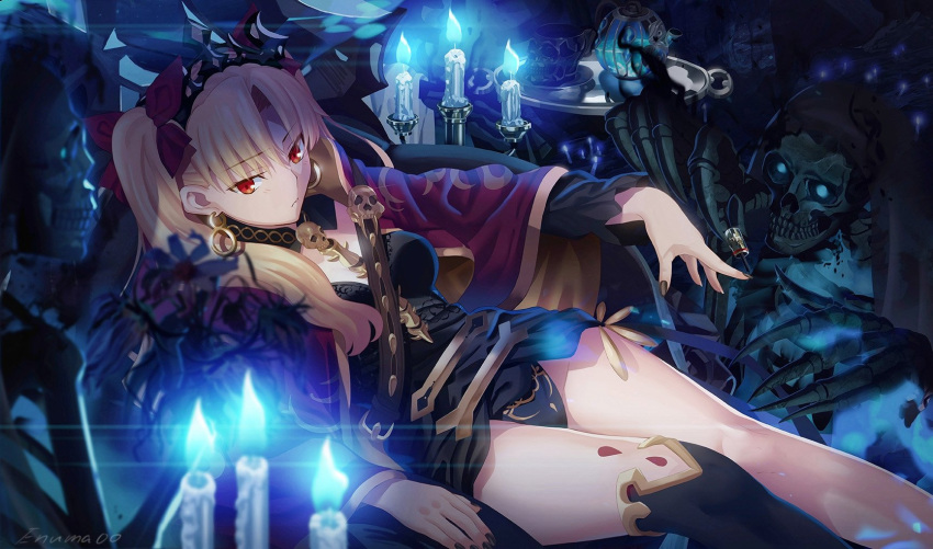 1girl aora blonde_hair blue_fire blush breasts candle cape closed_mouth earrings ereshkigal_(fate/grand_order) fate/grand_order fate_(series) fire hair_ribbon highres jewelry kneehighs long_hair long_sleeves looking_at_viewer red_cape red_eyes red_ribbon ribbon single_kneehigh skull small_breasts solo tiara tohsaka_rin twintails v-shaped_eyebrows wide_sleeves