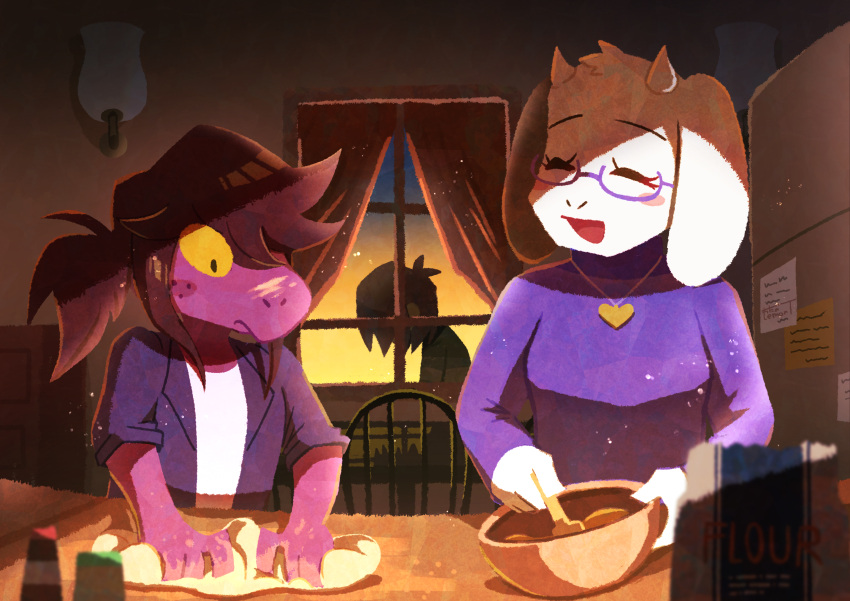 1boy 2girls absurdres animal_ears bowl colored_sclera colored_skin deltarune dough female glasses goat_ears goat_girl goat_horns hair_over_one_eye heart heart_necklace highres horns jacket jewelry kitchen kneading kris_(deltarune) looking_at_another male monster_girl necklace ponytail purple_skin smile spoilers susie_(deltarune) sweater toriel turtleneck turtleneck_sweater watawata22 window yellow_eyes yellow_sclera