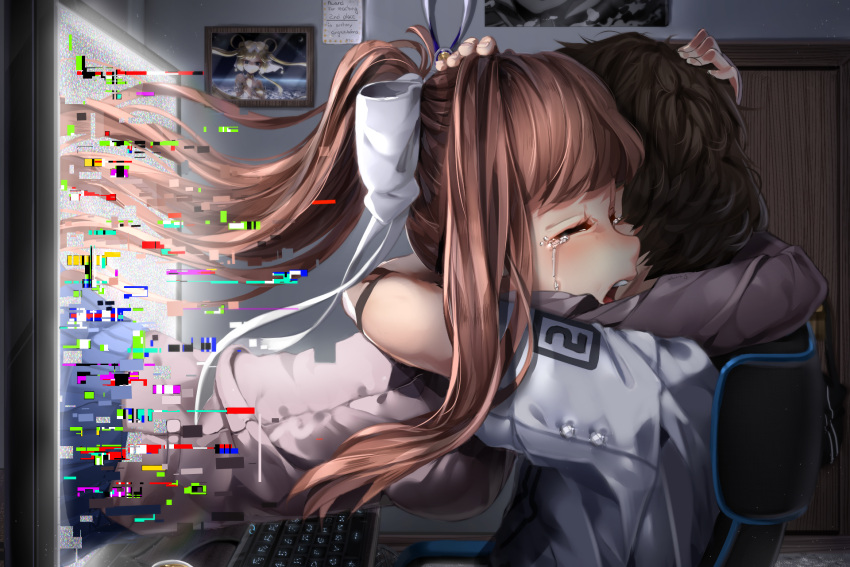 1boy 1girl blue_skirt bow breasts brown_hair chair closed_eyes coffee coffee_mug commentary computer computer_keyboard crying doki_doki_literature_club door faceless faceless_male glitch grey_jacket hair_bow hair_ornament hand_on_another's_head highres hug indoors jacket long_hair medal medium_breasts monika_(doki_doki_literature_club) monitor office_chair open_mouth picture_(object) picture_frame ponytail sasoura school_uniform sidelocks skirt sobbing spoilers tagme tears teeth upper_teeth white_bow