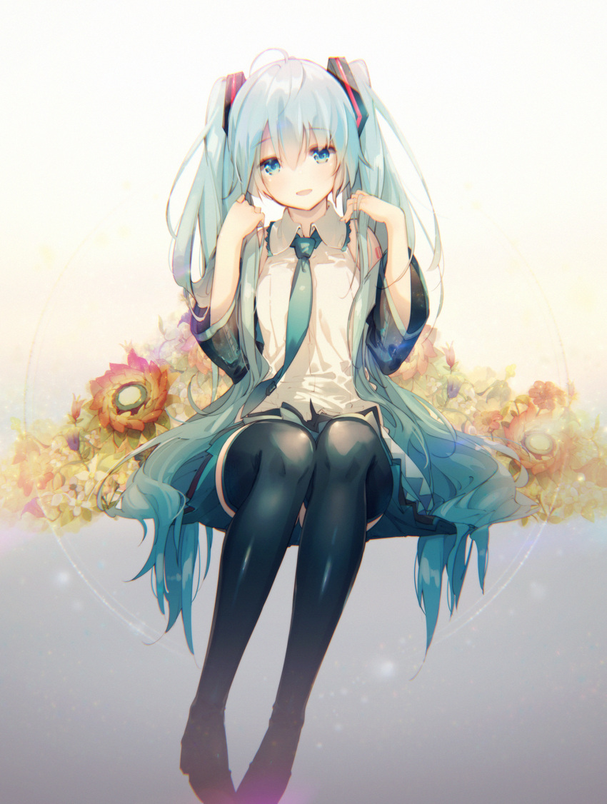 1girl bare_shoulders black_legwear blue_eyes blue_hair blue_neckwear blue_skirt collared_shirt detached_sleeves eyebrows_visible_through_hair flower full_body grey_shirt hatsune_miku head_tilt highres legs_together light_blush long_hair looking_at_viewer necktie parted_lips pleated_skirt shirt sitting skirt sleeveless sleeveless_shirt smile solo thigh-highs twintails very_long_hair vocaloid wing_collar yatsuha_(hachiyoh)