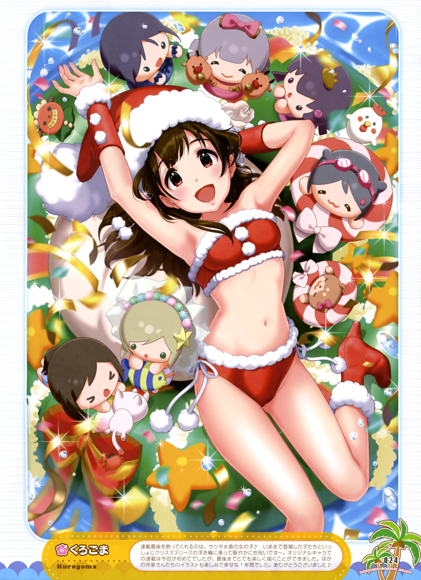 1girl absurdres bikini brown_hair christmas dengeki_moeou hat highres kurogoma long_hair navel red_eyes santa_hat smile solo star swimsuit water