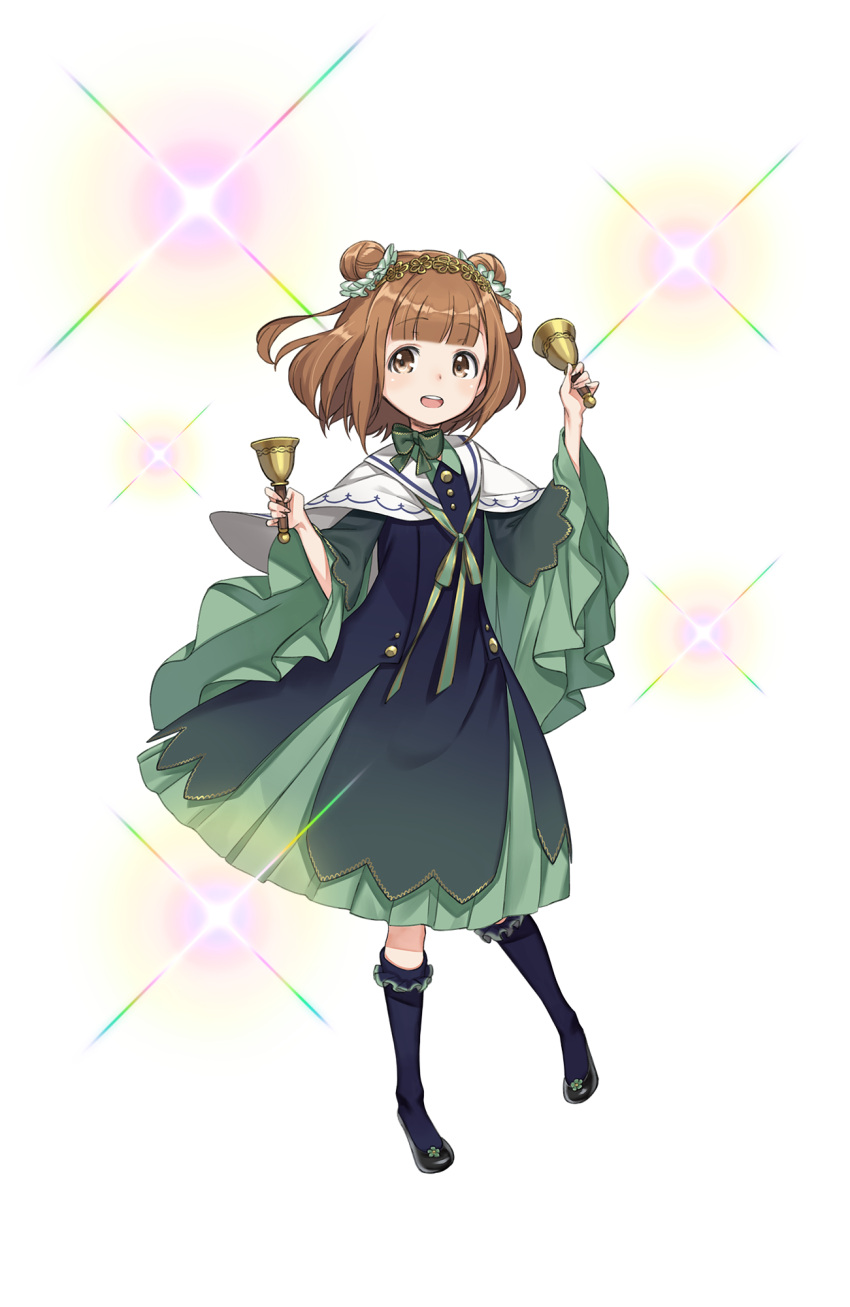 1girl :d beatrice_(princess_principal) black_footwear bow brown_eyes brown_hair double_bun full_body green_bow green_neckwear green_skirt hair_ornament hand_up handbell highres kneehighs looking_at_viewer navy_blue_legwear official_art open_mouth princess_principal princess_principal_game_of_mission sailor_collar shoes short_hair skirt smile solo sparkle standing transparent_background white_capelet wide_sleeves