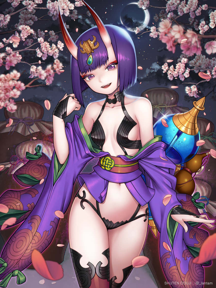 1girl :d alcohol breasts character_name crescent_moon fate/grand_order fate_(series) hair_ornament highres horns japanese_clothes kimono lantam looking_at_viewer moon navel night night_sky oni oni_horns open_mouth purple_hair revealing_clothes sake sakura short_hair shuten_douji_(fate/grand_order) sky small_breasts smile solo standing twitter_username violet_eyes