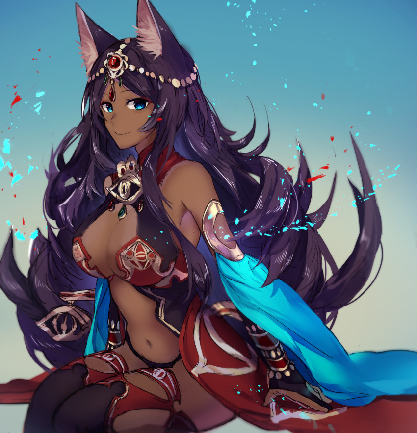 1girl absurdres animal_ears bare_shoulders black_hair blue_eyes breasts circlet cleavage dark_skin fate/grand_order fate_(series) forehead_jewel gem highres kakisi1328 large_breasts long_hair looking_at_viewer navel queen_of_sheba_(fate/grand_order) revealing_clothes sitting smile solo thigh-highs