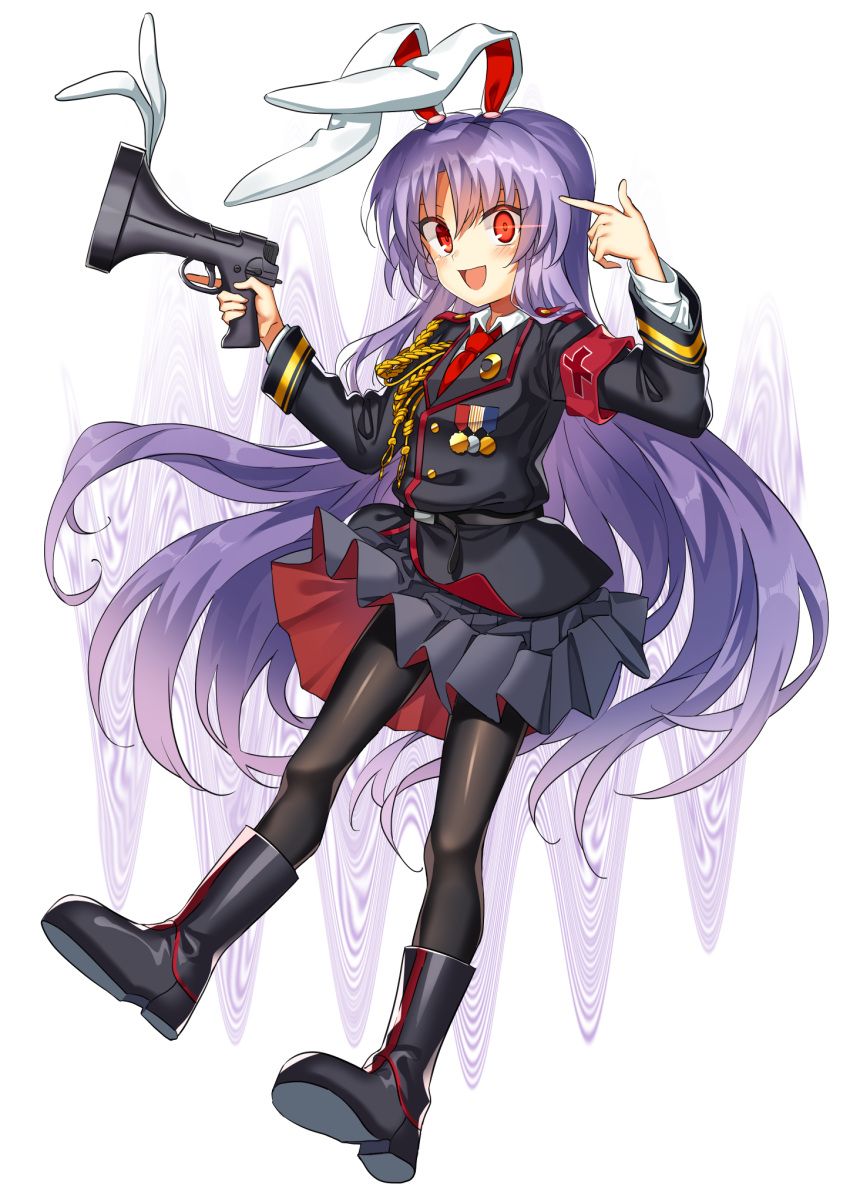 1girl :d alternate_costume animal_ears armband belt black_legwear blouse boots crescent crescent_moon_pin finger_gun glowing glowing_eye highres lavender_hair long_hair long_sleeves looking_at_viewer lunatic_gun manarou medal military military_uniform necktie open_mouth pantyhose pleated_skirt purple_hair rabbit_ears red_eyes red_neckwear reisen_udongein_inaba simple_background skirt smile solo touhou trigger_discipline tunic uniform very_long_hair wavy_background white_blouse