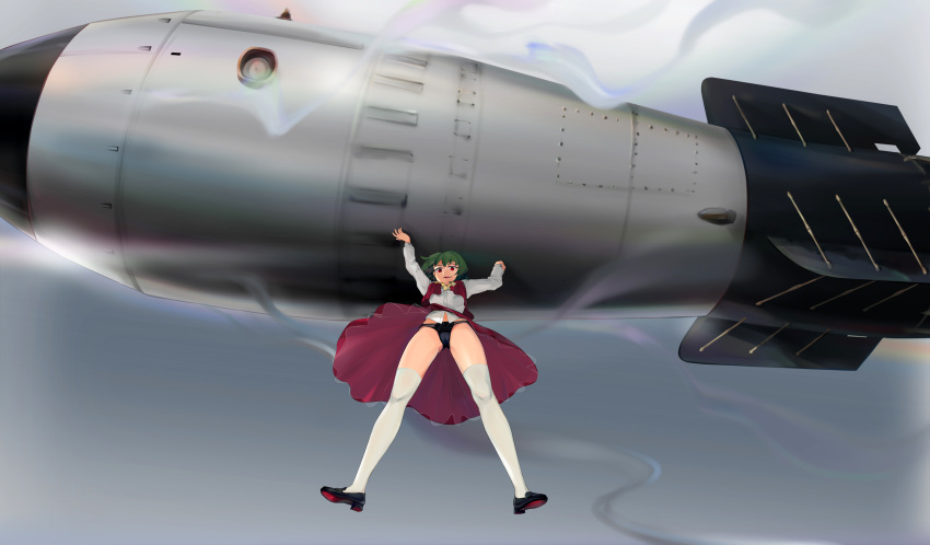 1girl absurdres arms_up ascot black_panties bomb carrying commentary_request floating floating_hair from_below full_body green_hair highres kazami_yuuka kneehighs long_sleeves looking_at_viewer looking_down open_clothes open_vest panties pantyshot parted_lips puchikya red_eyes red_skirt red_vest shirt shoes short_hair skirt skirt_set smile solo touhou underwear upskirt vest white_legwear white_shirt wind wind_lift
