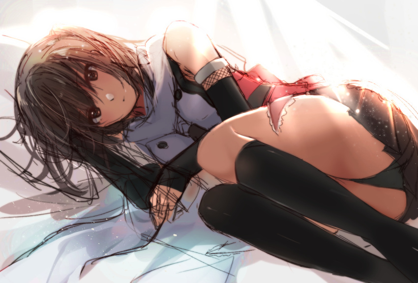 1girl backlighting bare_shoulders bed_sheet black_gloves black_legwear black_neckwear black_skirt blush brown_eyes brown_hair closed_mouth double-breasted elbow_gloves fingerless_gloves gloves kantai_collection kneehighs light_particles looking_at_viewer lying miniskirt neckerchief on_side panties pantyshot pantyshot_(lying) pleated_skirt rinto_(rint_rnt) scarf sendai_(kantai_collection) short_hair sketch skirt sleeveless smile solo tareme thighs underwear white_scarf