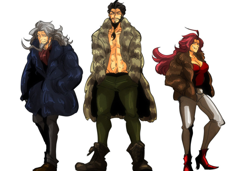 1girl 2boys abs adonis_belt beard black_hair boots christopher_columbus_(fate/grand_order) cigarette coat contemporary edward_teach_(fate/grand_order) facial_hair fate/extra fate/grand_order fate_(series) full_body fur_coat green_pants grey_hair hands_in_pockets long_hair multiple_boys mustache pants pink_hair red_footwear rider_(fate/extra) scar shaketaraba simple_background white_background