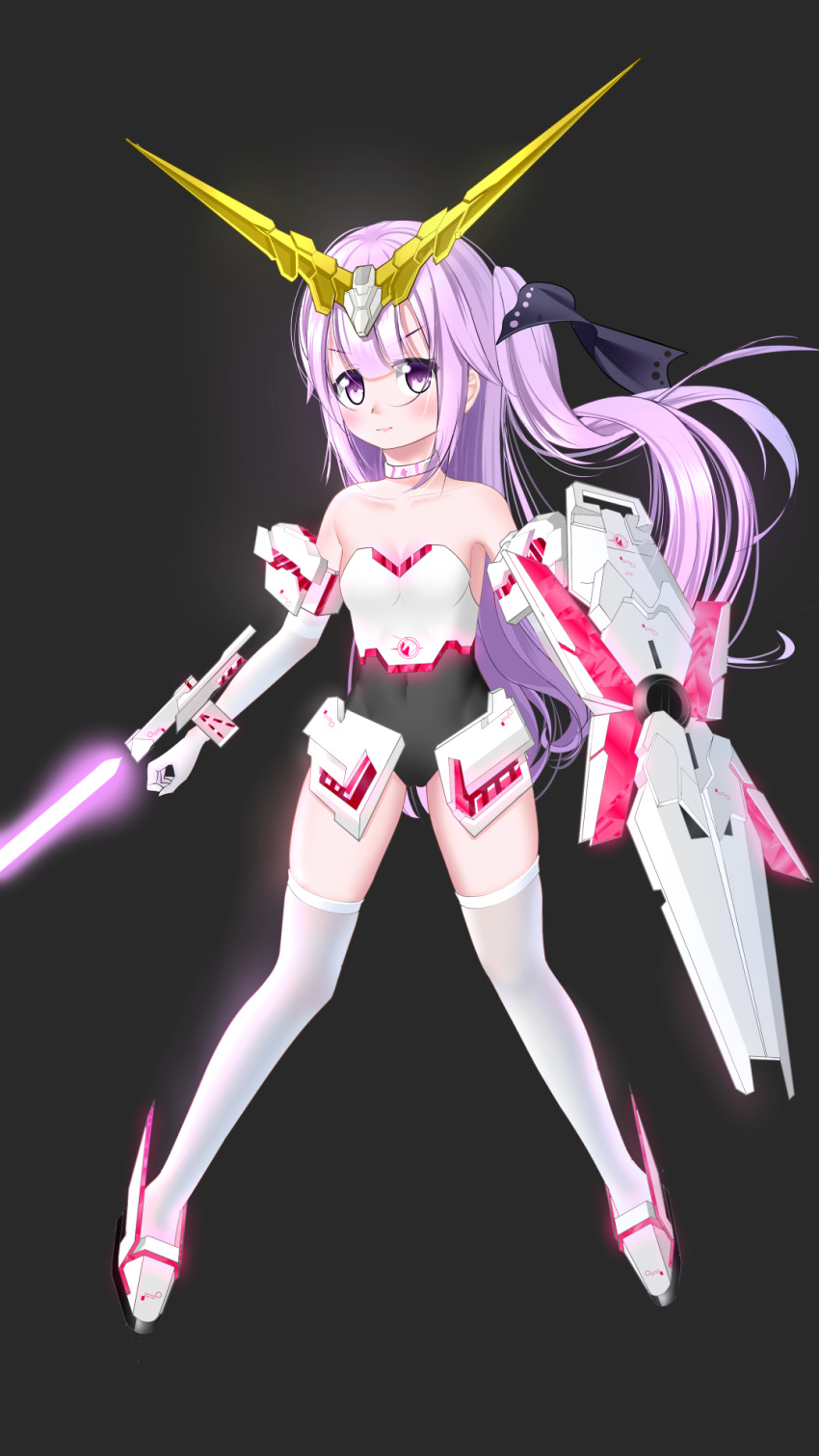 1girl ahoge alternate_costume azur_lane bare_shoulders black_background breasts choker cleavage commentary_request cosplay dress elbow_gloves energy_sword gloves gundam gundam_unicorn hair_bun hair_ribbon headgear highres lazy_guang_guang lightsaber long_hair looking_at_viewer mecha_musume namesake nt-d off_shoulder one_side_up purple_hair ribbon shield side_bun simple_background smile solo sword thigh-highs unicorn_gundam unicorn_gundam_(cosplay) v-shaped_eyebrows violet_eyes weapon white_dress white_gloves white_legwear wind